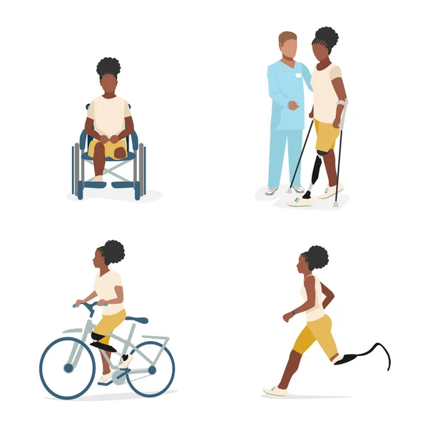 Set Illustrations Black Girl Prosthetic Leg Disabled Girl Wheelchair Amputation — Stock Vector