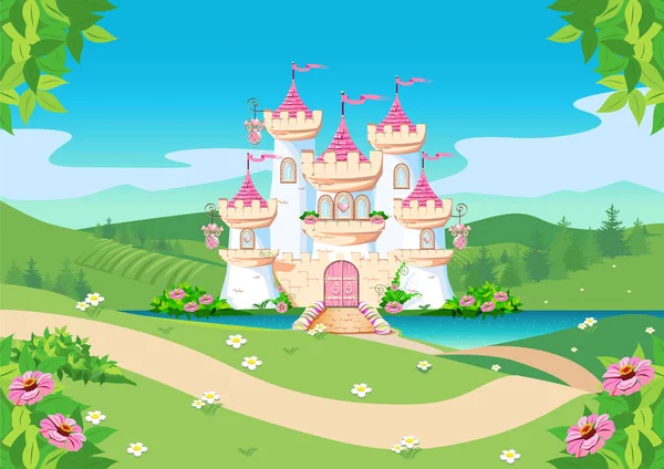 森の中の湖でプリンセス城と素晴らしい背景 ピンクの旗 貴重な心 塔や門を持つ城 素晴らしいベクトルイラスト — ストックベクタ