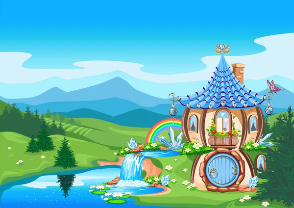 おとぎ話の風景を背景に青い結晶で飾られた魔法の小さな家 滝の近くの妖精の家 ベクターイラスト — ストックベクタ
