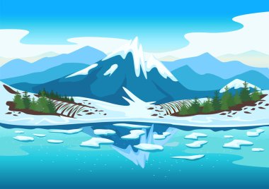 Nehirli bahar manzarası, karlı dağlar, orman, tarlalar, eriyen kar. Güzel bir bahar arkaplanı çizimi. Vektör