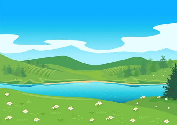 Sommerlandschaft Mit Bergen Und See Reisen Und Erholung Freien Hintergrundvektorillustration — Stockvektor