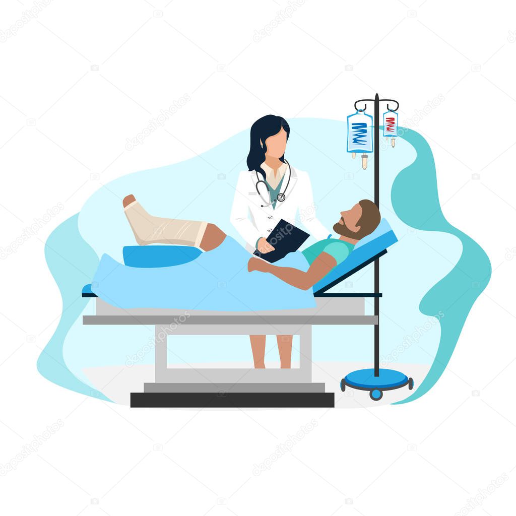 A man with a broken leg lies in the hospital next to a doctor. Patient and doctor. Background vector illustration.