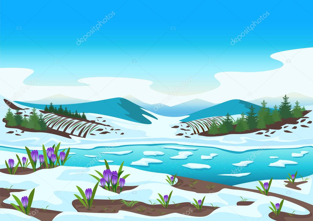 Spring landscape with river, mountains, forest, fields, melting snow and crocus. Beautiful spring background illustration. Vector