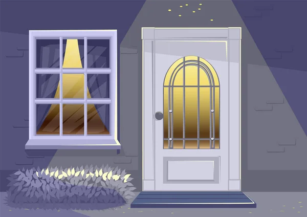 Geceleri Kapısı Penceresi Olan Feneri Olan Bir Evin Mimari Cephesi — Stok Vektör