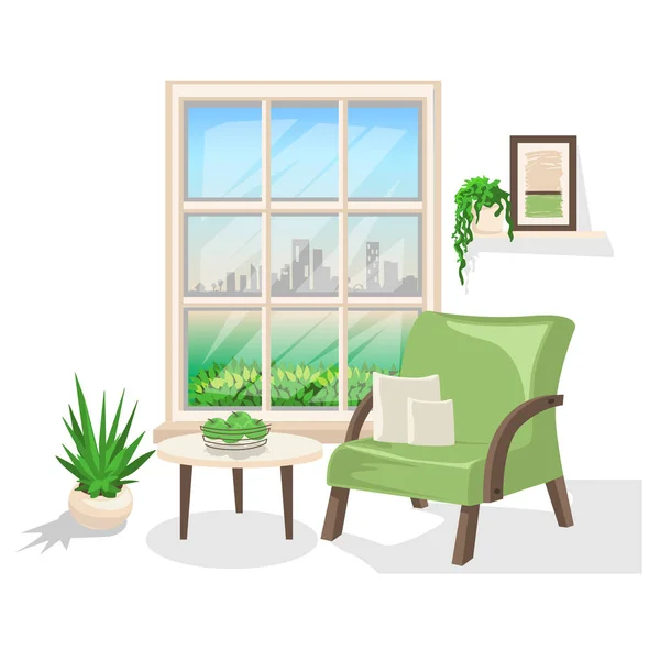 Room Interior Window Armchair Coffee Table Daytime Vector Set Illustrations — Stock Vector