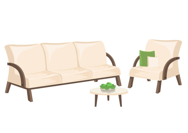 Set of illustrations of furniture sofa, armchair and coffee table. Vector set of illustrations for the interior of the room isolated on a white background.