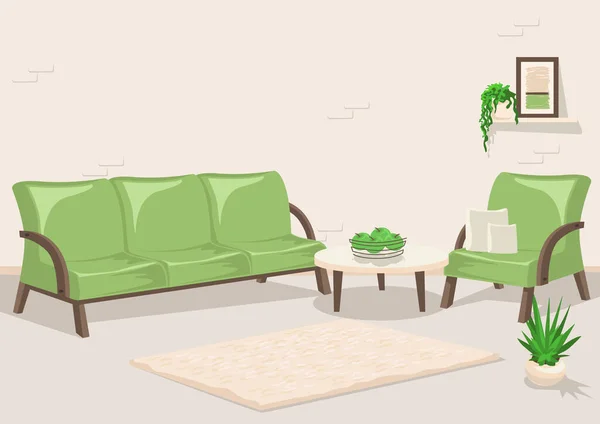 Interiér Obývacího Pokoje Nábytkem Pokojovými Rostlinami Během Dne Vektorová Ilustrace — Stockový vektor