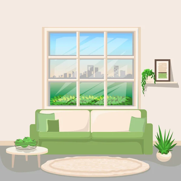 客厅室内 白天有窗户 家具和室内盆栽 房间内部的矢量图解 — 图库矢量图片