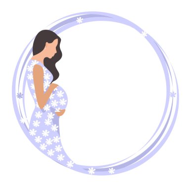 Gri elbiseli, yuvarlak çerçeveli beyaz çiçekli güzel ve mutlu hamile bir kadın. Anneliğin mutluluğu. Vektör illüstrasyonu.