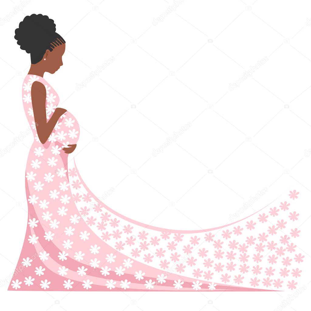 Beautiful black pregnant woman in a pink dress with a train of white flowers. The happiness of motherhood. Vector illustration.