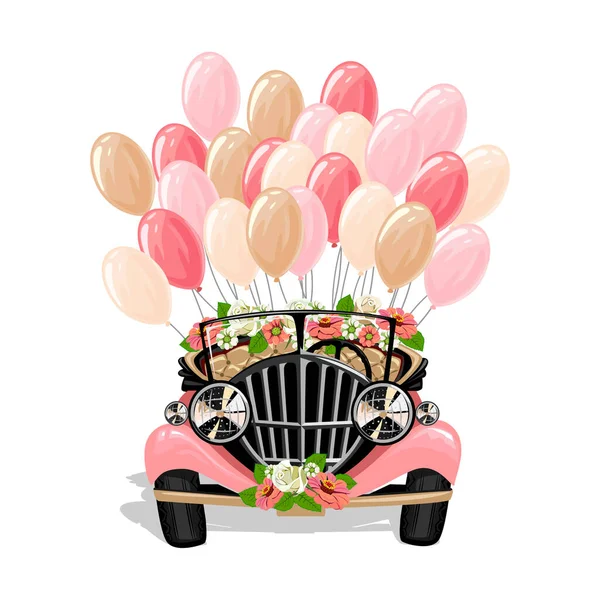 Retro Hochzeitsauto Mit Blumen Und Luftballons Vorderansicht Dekoriert Hochzeitsvektorvorlage Illustration — Stockvektor