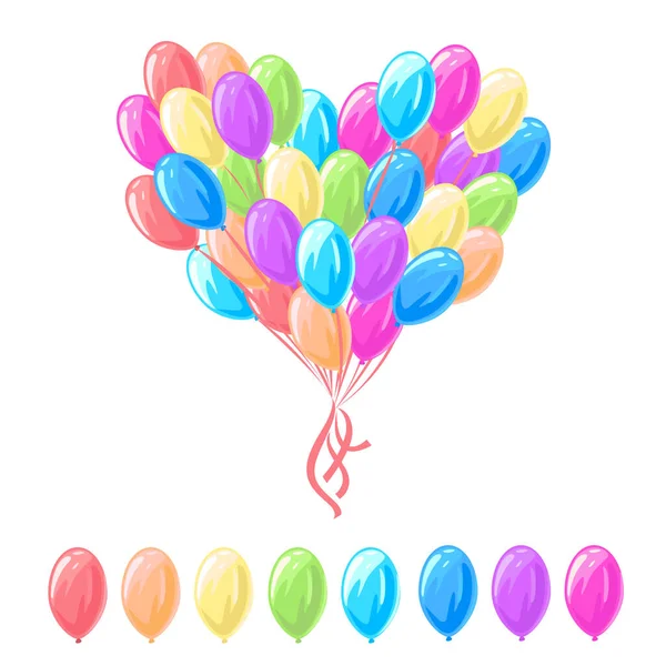 Heart Made Rainbow Balloons Flies Clouds Set Colorful Balloons Romantic — Stock Vector