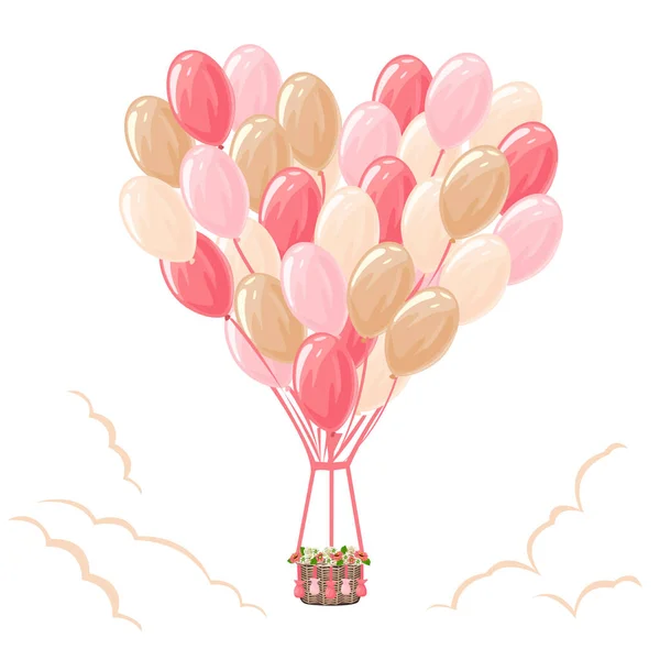 Cœur Fait Ballons Avec Panier Des Fleurs Beige Des Mouches — Image vectorielle