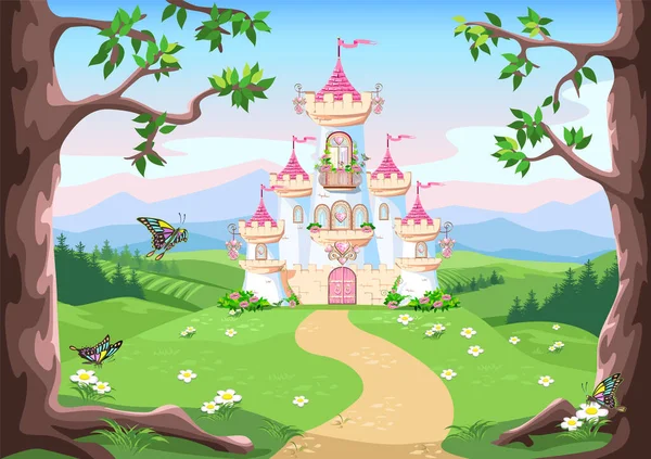 森の中のプリンセス城とおとぎ話の背景 美しい風景の中にピンクの旗 貴重な心 塔や門を持つ城 おとぎ話のベクトルイラスト — ストックベクタ