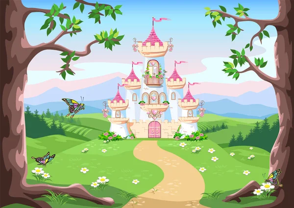 Conto Fadas Fundo Com Castelo Princesa Floresta Castelo Com Bandeiras — Vetor de Stock