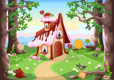 Çikolata, waffle ve kurabiyelerle süslenmiş küçük tatlı bir ev. Orman açıklığında duruyor. Çizgi film stili vektör illüstrasyonunda zencefilli kurabiye evi olan peri masalı arkaplanı.