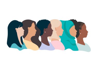 Farklı milletlerden ve kültürlerden kızların vektör şablon profili beyaz arka planda birbiri ardına ayakta duruyor. Avrupalı, Afrikalı, Amerikalı, Asyalı, Müslüman.