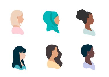 Beyaz arka planda izole edilmiş farklı uluslardan ve kültürlerden kızların Avatar profilinin vektör şablonu. Avrupalı, Afrikalı, Amerikalı, Asyalı, Müslüman.