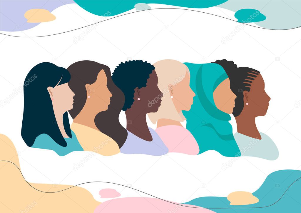 Vector horizontal template profile of girls of different nationalities and cultures together on an abstract modern background with place for text. European, African American, Asian, Muslim.
