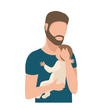 Bir babanın bembeyaz bir arka planda küçük çocuğuna nazikçe sarılmasının temsili temsilcisi. Babalar günü, sevgi dolu ebeveynler, mutlu bir çocukluk..