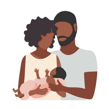 Siyahi bir çiftin beyaz bir arka planda şefkatle ve şefkatle küçük çocuklarına sarılmasının temsili bir temsili. Aile günü, sevgi dolu ebeveynler, mutlu bir çocukluk.