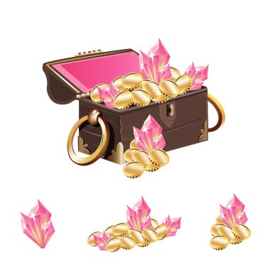 Altın sikkeler ve beyaz arka planda izole edilmiş pembe kristallerle dolu açık bir hazine sandığının vektör çizimi