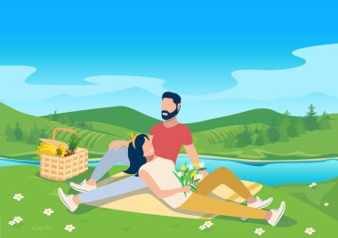 Piknik yapan mutlu bir çiftin güzel bir manzaranın arka planında sebze dolu bir sepetin yanındaki battaniyeye uzanmış vektör çizimi. Genç bir kız ve genç bir adam birlikte mutlu ve eğlenceli bir uyku çekiyorlar. Yaz tatili