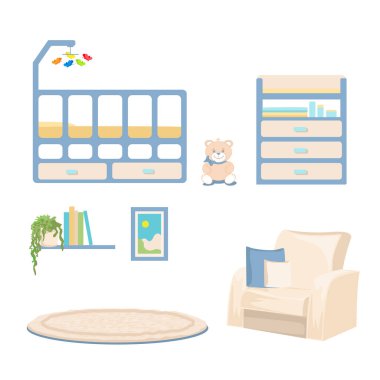 Bebek yatağı, masa değiştirme masası, anne koltuğu, kitap rafı ve oyuncak ayı olan yeni doğmuş bir bebek için bebek odası içi mobilya seti.
