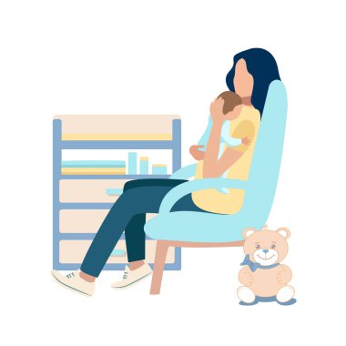 Değişim masasının yanındaki sandalyede otururken kucağında bir bebek tutan mutlu genç bir annenin temsili. Anneliğin mutluluğu, anneler günü, beyaz arka planda mutlu bir çocukluk..