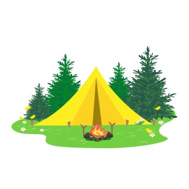 Şenlik ateşi ve sarı çadırı olan bir kampın vektör illüstrasyonu ağaçların arasında duruyor.