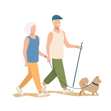 Yaşlı bir çift köpeği gezdiriyor. Aktif emekliler vektör illüstrasyonu beyaz arkaplanda izole edildi.