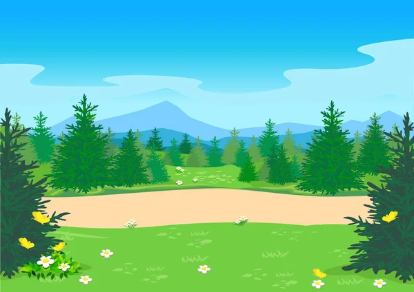 Ilustración Vectorial Horizontal Paisaje Verano Con Camino Claro Bosque Con — Vector de stock