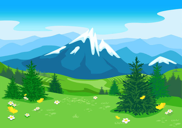 Summer landscape with a blooming meadow, hills, trees, flowers and yellow butterflies against the background of a mountain with snow-capped peaks. Travel and outdoor recreation. Nature vector illustration background for poster or postcard.