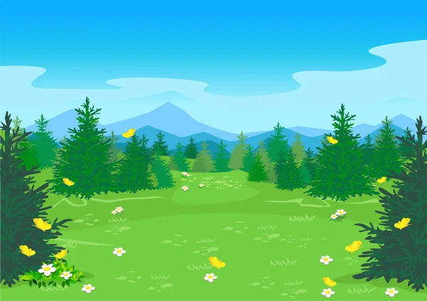 Paisaje Vectorial Veraniego Claro Bosque Con Árboles Flores Florecientes Mariposas — Vector de stock