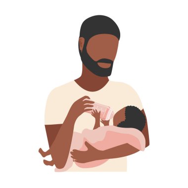 Happy young dad is bottle feeding the baby. Happiness of fatherhood, father's day, happy childhood, vector illustration isolated on white background.