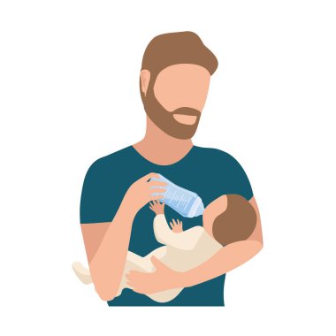 Happy young dad is bottle feeding the baby. Happiness of fatherhood, father's day, happy childhood, vector illustration isolated on white background.