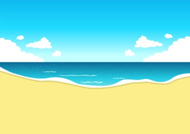 Plajdan denize doğru panoramik manzaralı, yazlık boş bir yeri olan güzel bir yaz manzarasının vektör çizimi
