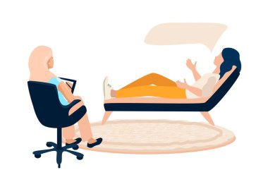 This girl lies on the sofa in the psychologist's office and talks about her experiences and problems vector illustration isolated on a white background