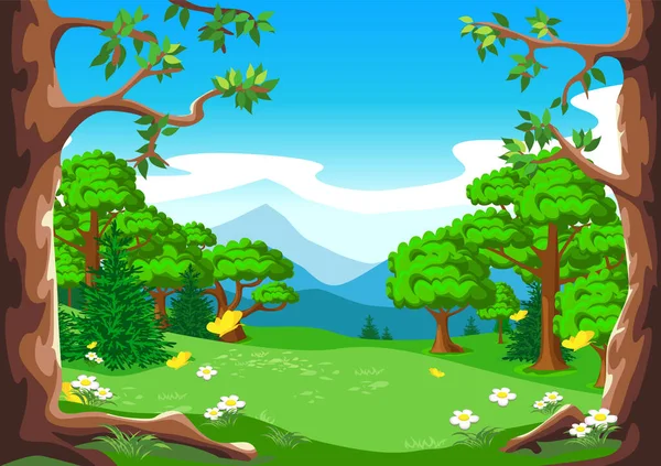 Paisaje Vectorial Veraniego Claro Bosque Con Árboles Flores Florecientes Mariposas — Vector de stock