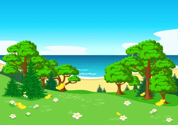 Vector Illustration Beautiful Summer Landscape Panoramic View Blooming Mountain Sea — Stock Vector