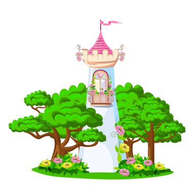 Güzel prensesin şatosunun peri masalı geçmişi. Pembe bayraklı kale, değerli kalpler, çatılar, kuleler ve güzel manzaralı kapılar. Bir peri masalı için vektör illüstrasyonu.