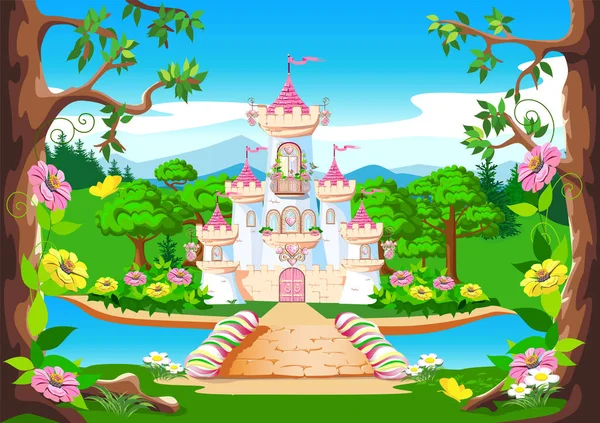 Conto Fadas Fundo Com Castelo Bela Princesa Castelo Com Bandeiras — Vetor de Stock