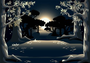 Uzun ağaçlar, ateş böcekleri, orman açıklığı ve ayı olan sihirli bir ormanın vektör arkaplan çizimi. Peri masalı gece manzarası