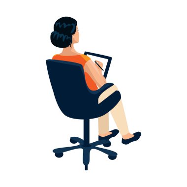 Sarı saçlı bir kızın vektör illüstrasyonu ofis sandalyesinde oturur ve notlar alır, arka planda beyaz bir görünüm.