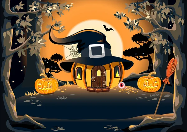Happy Halloween Vector Achtergrond Voor Poster Uitnodiging Met Folge Heks — Stockvector