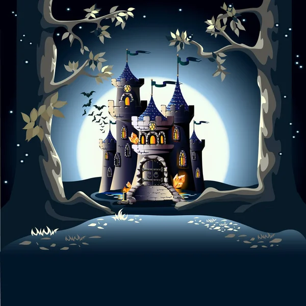 Ilustración Vectorial Castillo Oscuro Bosque Mágico Con Árboles Altos Luz — Vector de stock