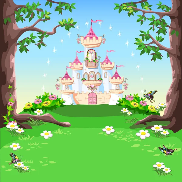 Conto Fadas Fundo Com Castelo Princesa Floresta Castelo Com Bandeiras —  Vetores de Stock