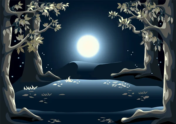 Zauberwald Bei Nacht Mit Hohen Bäumen Glühwürmchen Waldlichtung Und Mond — Stockvektor