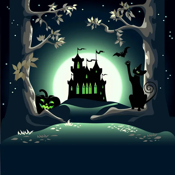 黑暗的城堡在魔法森林里 有高大的树木和月光 不可思议的背景 万圣节快乐海报 邀请卡或童话故事的病媒图解 — 图库矢量图片