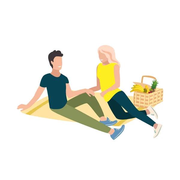 Vector Illustration Happy Couple Picnic Lies Blanket Next Basket Groceries — Stock Vector